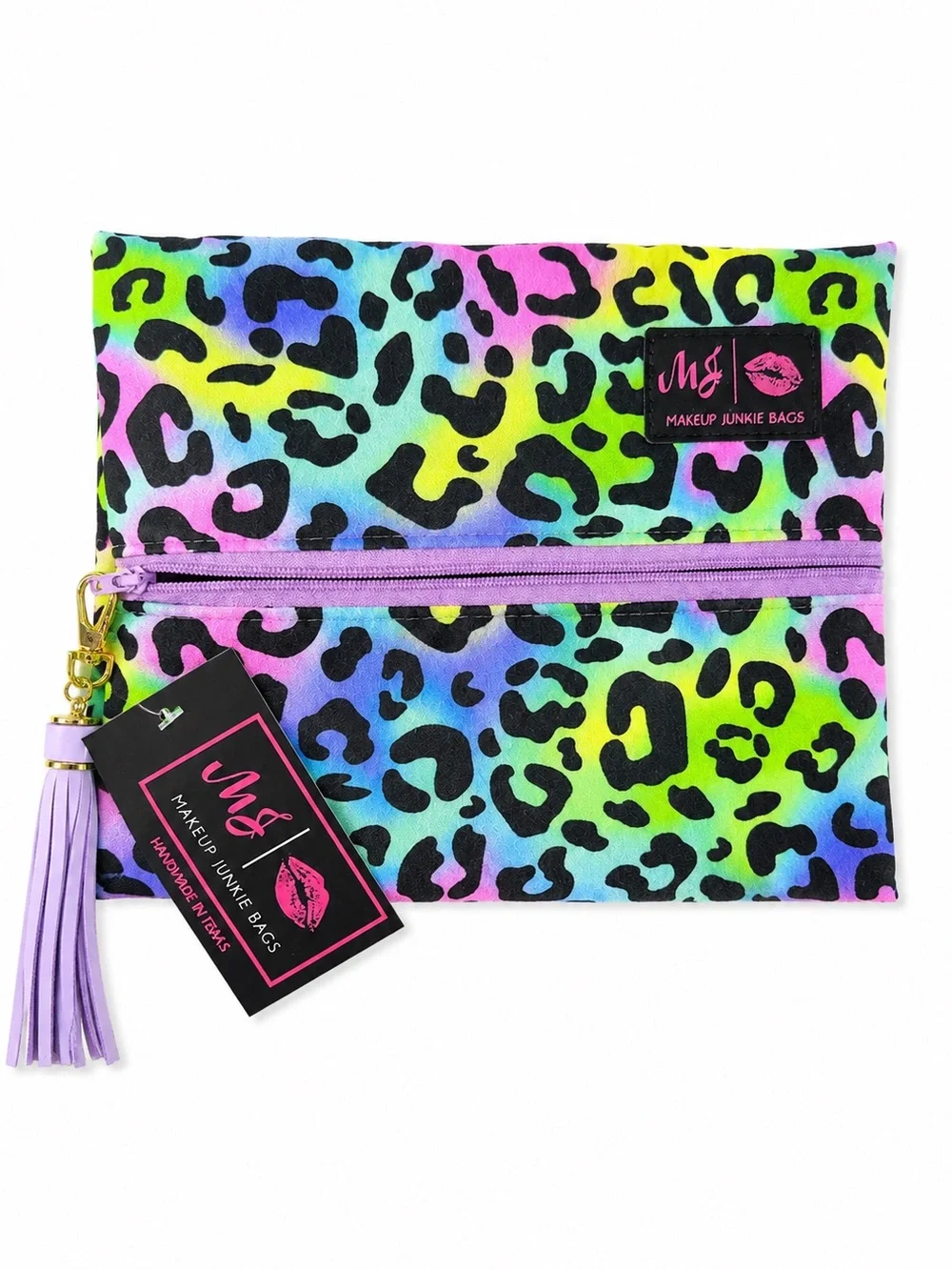 Makeup Junkie Neon Leopard MEDIUM Cosmetic Pouch-Multi-Color with Purple Tassel